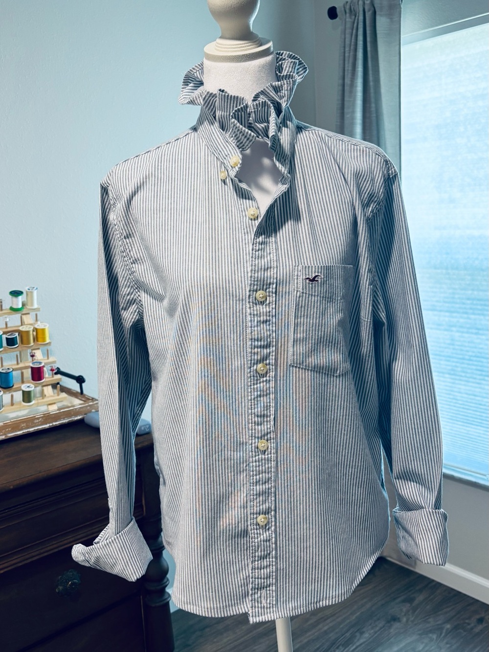 Women's up-cycled Blue and White Striped Ruffle Collar Oxford